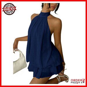 Chiffon Halter Drop Waist Mini Dress Ruffle Backless Wedding Guest